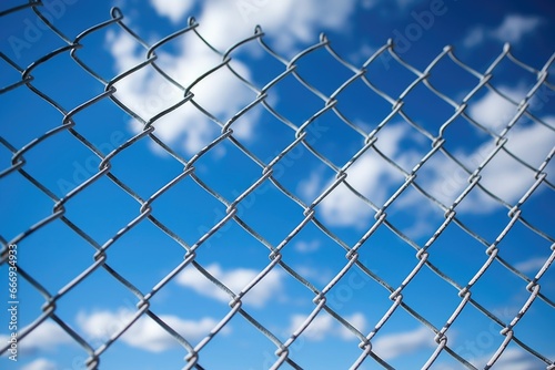 close-up of chain link fence against a blue sky