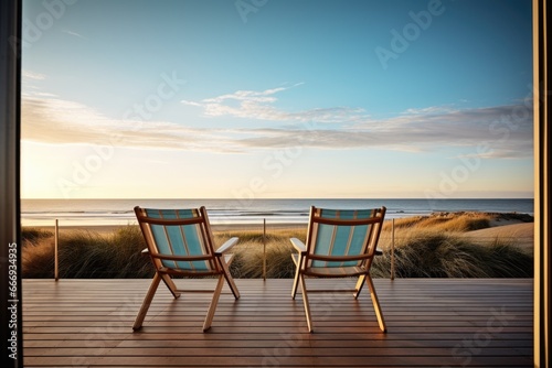 deck of a beach house with chairs looking out to the sea