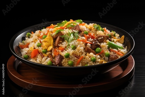  A bowl of Chinese fried rice with rice, vegetables, and meat