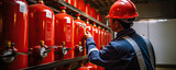 Engineer worker checking fire extinguisher. Inspection extinguishers in factory or industry.