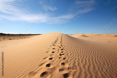a desert track leading towards distant, sand dunes