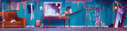 Abandoned and broken backstage theater room with damaged table and mirror for makeup, destroyed furniture and walls, scattered cosmetics, cobwebs and garbage. Cartoon messy shattered dressing area.