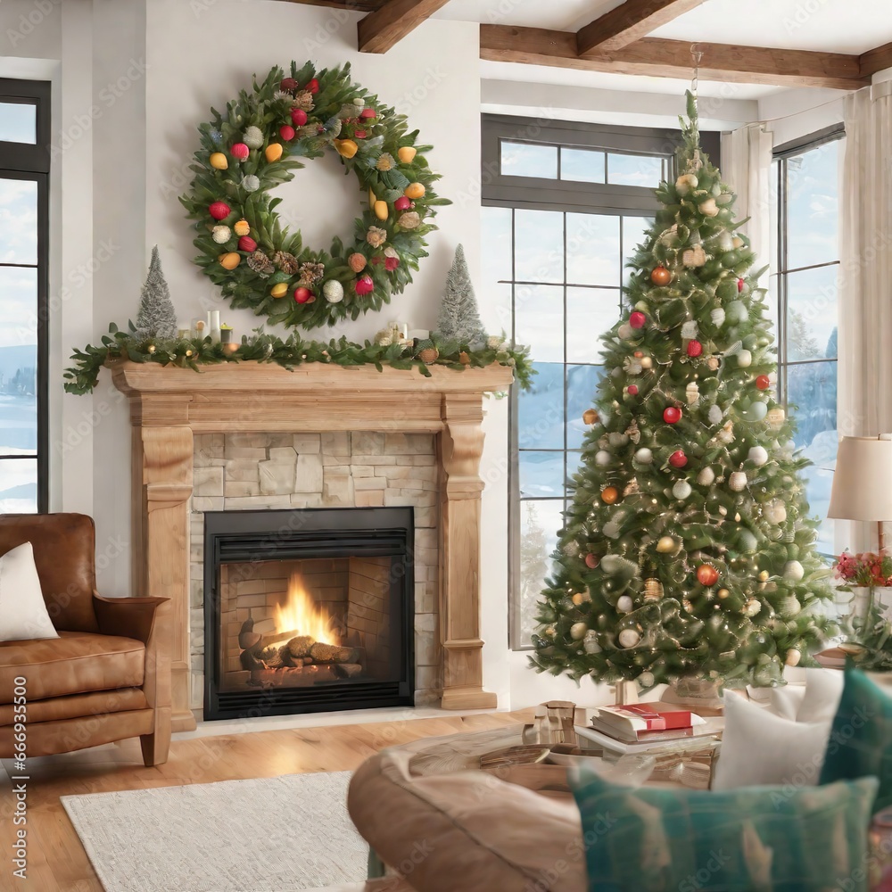 a living room filled with furniture and a christmas tree, a digital rendering, photorealistic