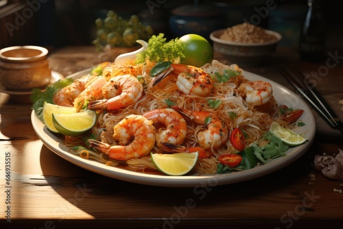  A plate of Thai pad thai with rice noodles, shrimp, and a variety of vegetables