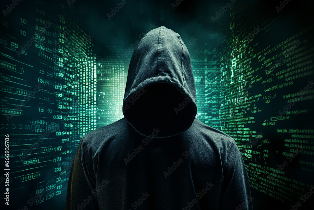 Hacker concept, Unrecognizable person in the hood break computer binary codes, Hacker concept, Unrecognizable person in the hood break computer binary codes,