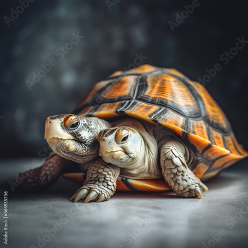 Cute baby tortoise on a gray background. Toned.