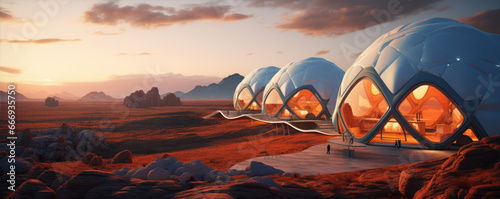 Glamping houses in desert landscape. Futuristic glamping in rocky mountains. photo