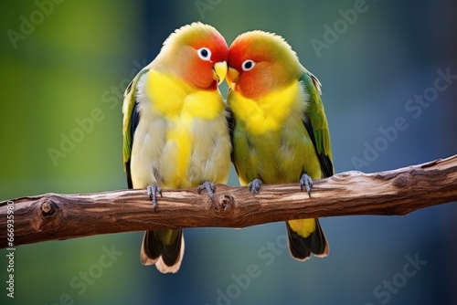 two lovebirds sharing a perch photo