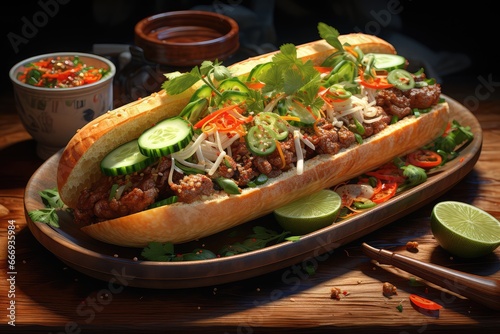  A bowl of Vietnamese banh mi with a baguette, meat, vegetables, and herbs  photo