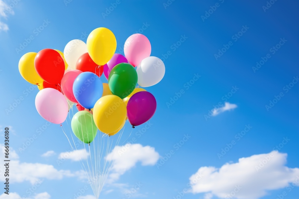 rainbow-colored balloons floating in the sky rainbow-colored balloons floating in the sky