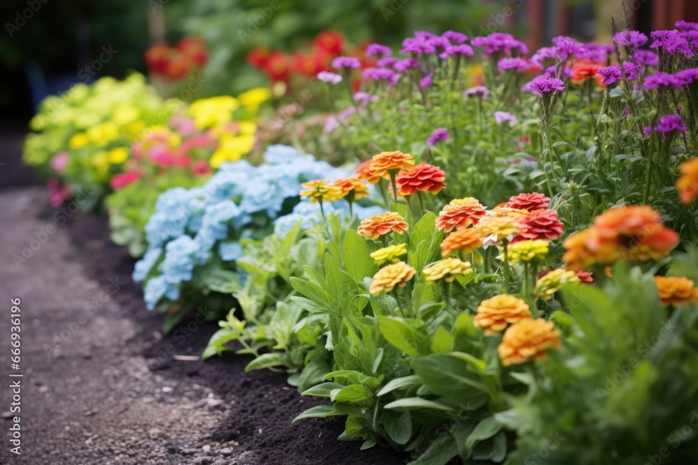 rainbow colored flower bed