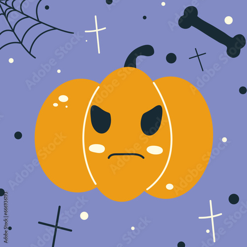 Halloween angry pumpkin face -  angry Jack o lantern, autumn holidays banner. Jack o lantern icon emotion. Vector illustration.