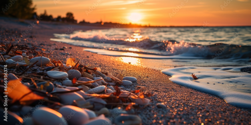 rivage de bord de mer au levé du soleil sur une plage déserte