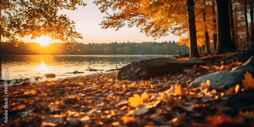 levé de soleil sur un paysage d'automne aux couleurs dorée et feuilles mortes