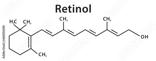 Vitamin A (retinol) molecule. Structural chemical formulas of retinol. Skeletal formula. Isolated on a white background. Vector illustration