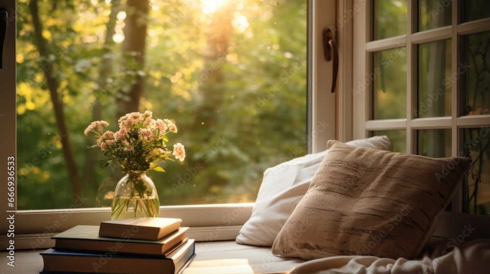 A cozy reading corner with a window view of nature