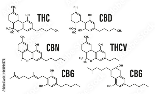 Visual drawing of the molecular chemistry structure of the difference formula of marijuana for CBD, THC, CBN, CBG, THCV and CBC. Isolated on white background. Vector illustration