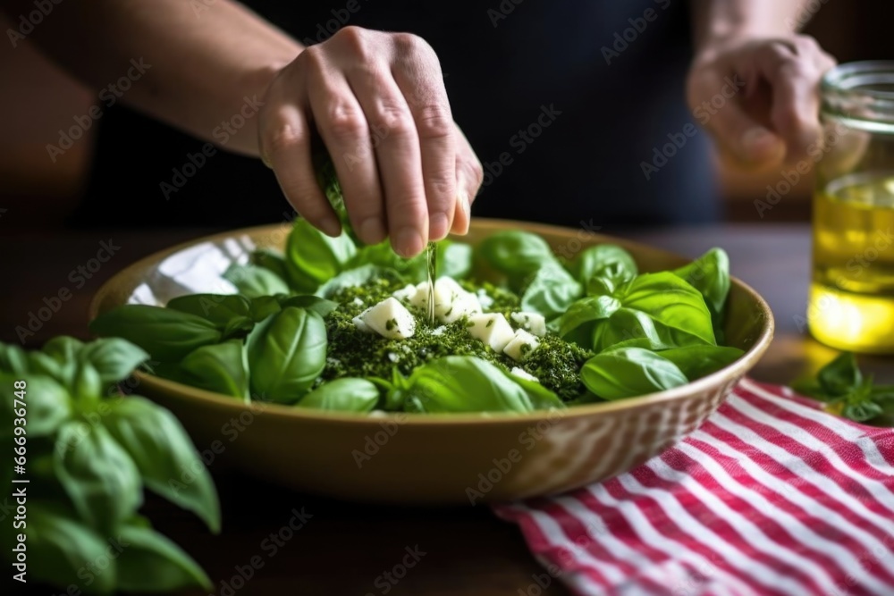hand placing decorative basil leaves on salad top hand placing decorative basil leaves on salad top