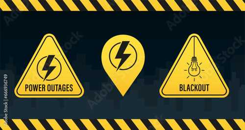 Power outage. Blackout. Symbol without electricity. Banner of a power cut with a warning sign the one is on the background of the night city without electricity and dark sky. Vector illustration