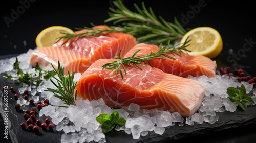 fresh red ocean salmon on ice, seafood, frozen, cooking, restaurant, food photo, fish, recipe, dish, kitchen, lemon, greens, spices, trout, sea