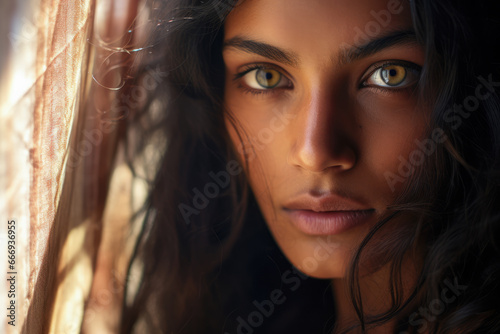 Portrait of a beautiful young Indian woman with the sun on her face