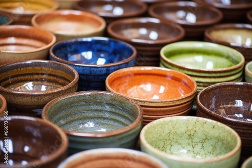 close-up of freshly glazed stoneware bowls