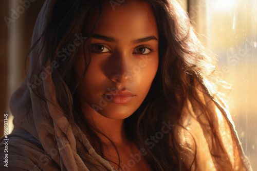 Portrait of a beautiful young Indian woman with the sun on her face