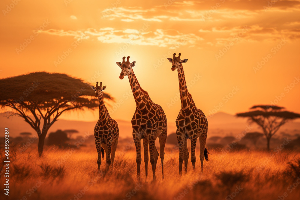 Group of giraffes in the serengeti national park sunset at sunset, aesthetic look - obrazy, fototapety, plakaty 