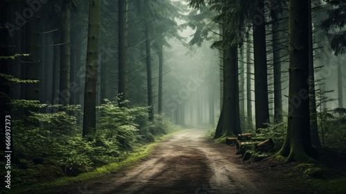 A road through a misty, mystical forest
