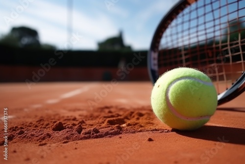 close-up of tennis racket and ball on clay court