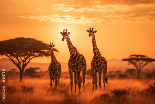 Group of giraffes in the serengeti national park sunset at sunset, aesthetic look © alisaaa