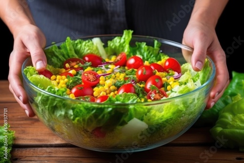 hand tossing lettuce, tomatoes and corn in a salad bowl