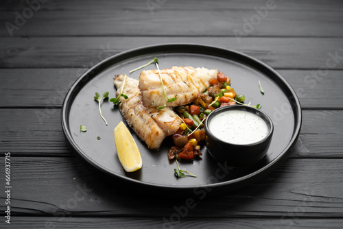 Grilled perch fish fillet served on a black plate with vegetables and sauce