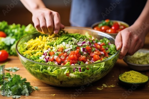 hand dressing a taco salad with guacamole