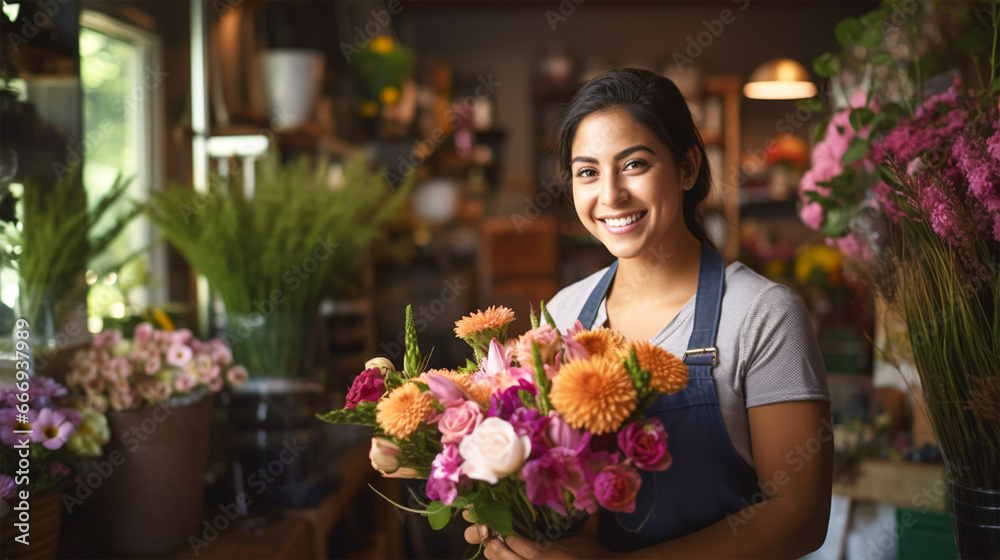 smiling attractive hispanic woman in her florist shop