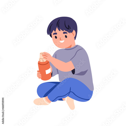 Child playing with detergent. Happy kid in danger, risk. Toddler opening chemical cleanser bottle. Little boy in dangerous hazardous situation. Flat vector illustration isolated on white background