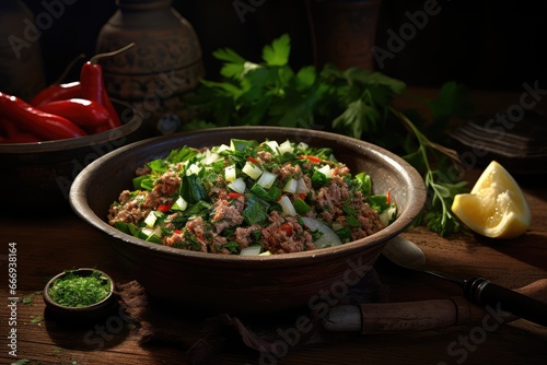 A bowl of Laab, a minced meat salad with herbs and spices photo