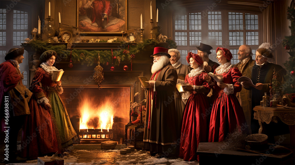 carolers singing in front of a fireplace