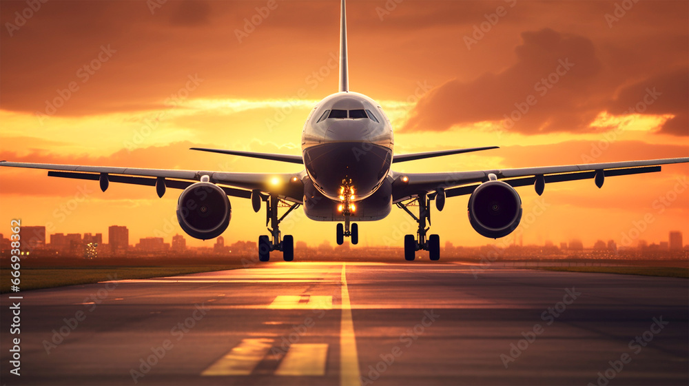 large jetliner taking off from an airport at sunset