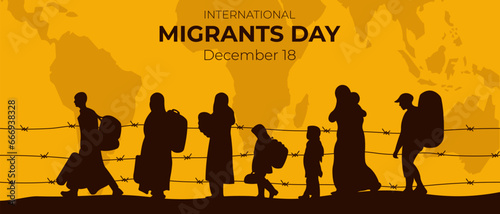 International migrant day.Horizontal banner with migrant silhouettes.Vector illustration.