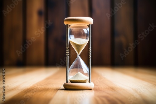 hourglass marking time on a wooden desk