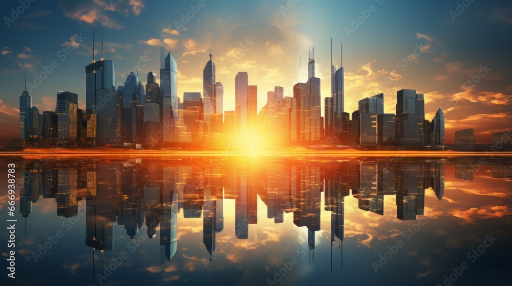A radiant cityscape with reflections in water