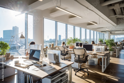 Open space office interior in modern urban building. Large tables with desktop computers, many indoor plants, panoramic windows with stunning city view. Office employees sitting at desks working hard.