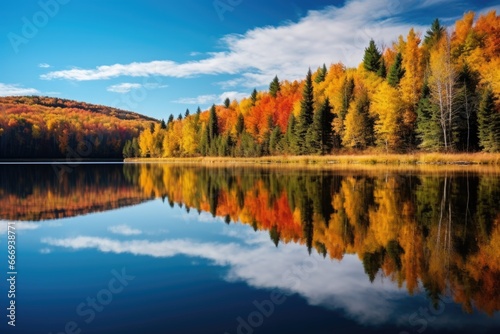 a still lake reflecting the vibrant hues of the autumn foliage