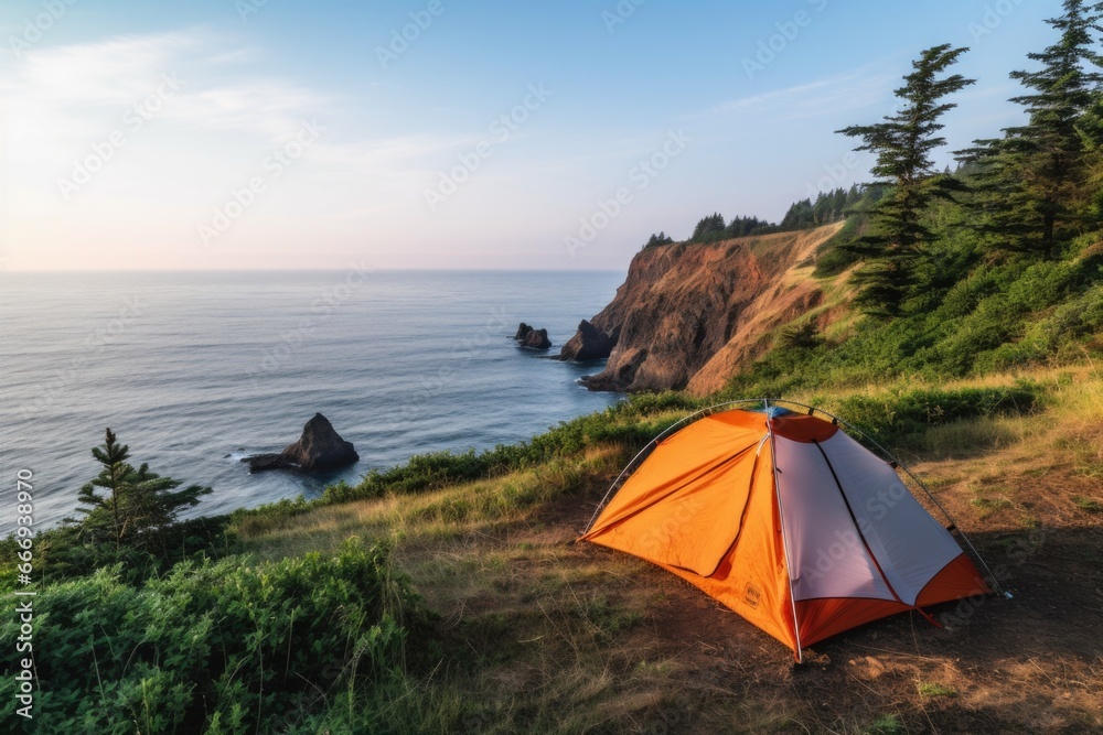 a camping tent pitched at the edge of a cliff with ocean view