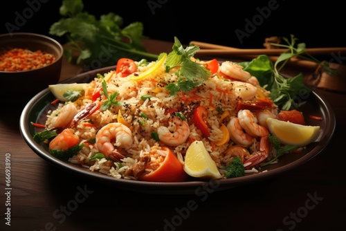A plate of Khao Pad,fried rice with various ingredients, such as shrimp, chicken, or vegetables