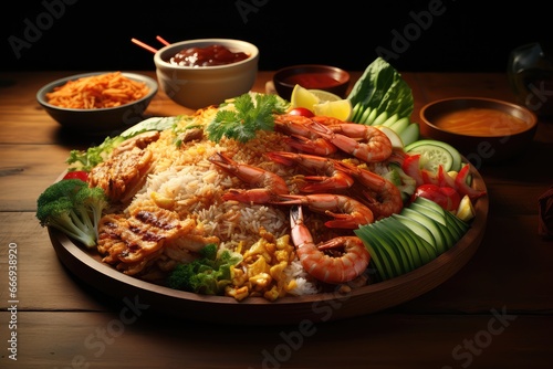 A plate of Khao Pad,fried rice with various ingredients, such as shrimp, chicken, or vegetables