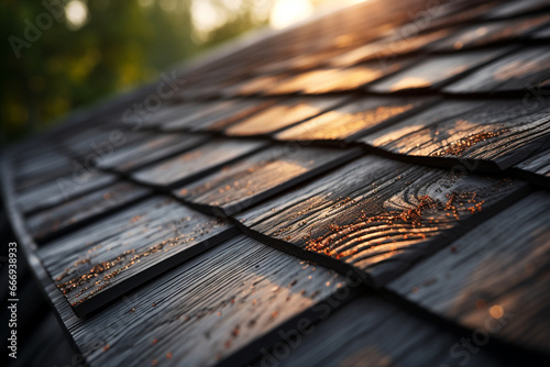 durability of a hip roof with a close-up photo that focuses on high-quality roofing materials and craftsmanship. This image conveys a sense of security and longevity. Photo photo