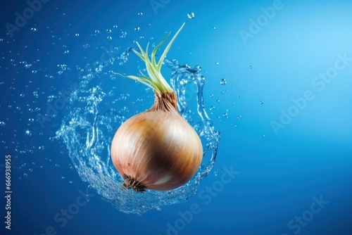 Single onion suspended in midair against a bright blue backdrop photo