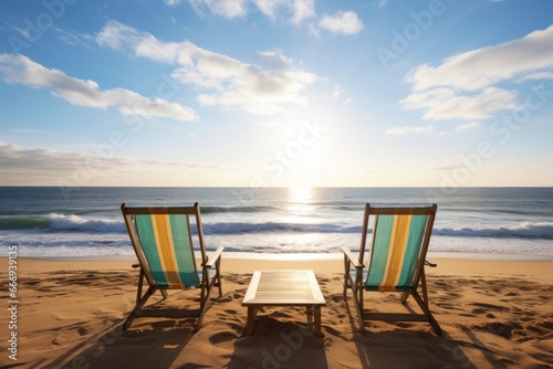 sunlit beach with two empty deck chairs facing the ocean © Alfazet Chronicles
